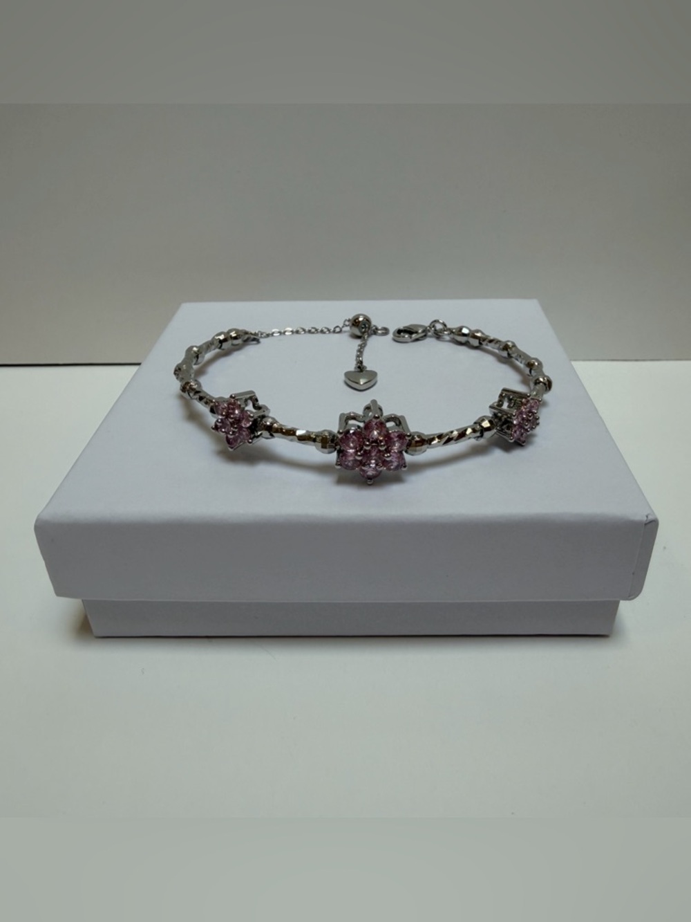 Stunning Silver Bracelet with Pink Flowers NWOT